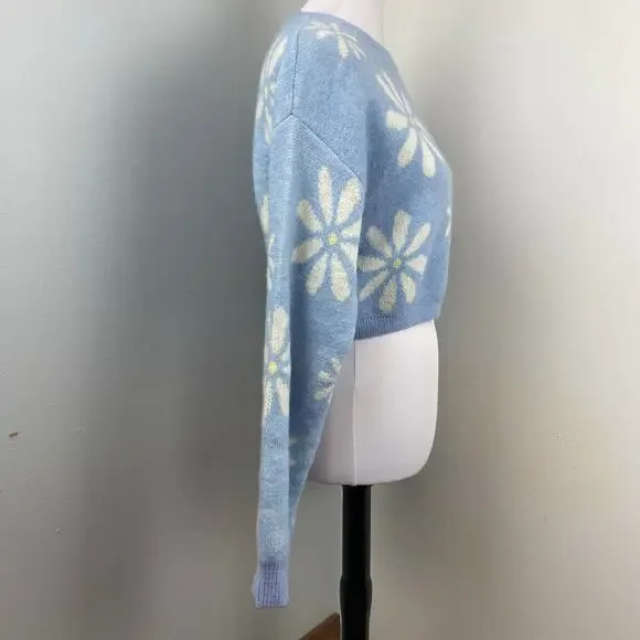 Witty Fox Blue Retro Floral Cropped Knit Sweater Large Daisy - Picture 3 of 7